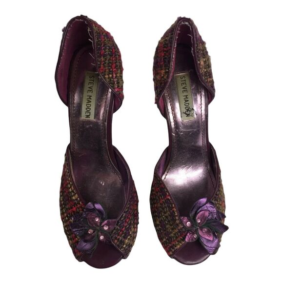 Steve Madden Tweed Heels Size 8 Womens Purple Peep Toe Fabric Flower Pumps - Picture 2 of 9